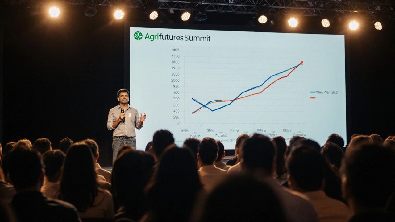 Startup founder speaking at the AgriFutures Summit as investors and entrepreneurs listen attentively.