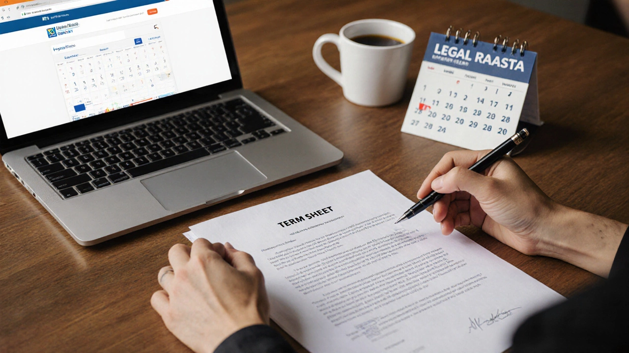 Term sheet being signed beside a laptop showing Startup India portal, with legal aid brochure nearby.