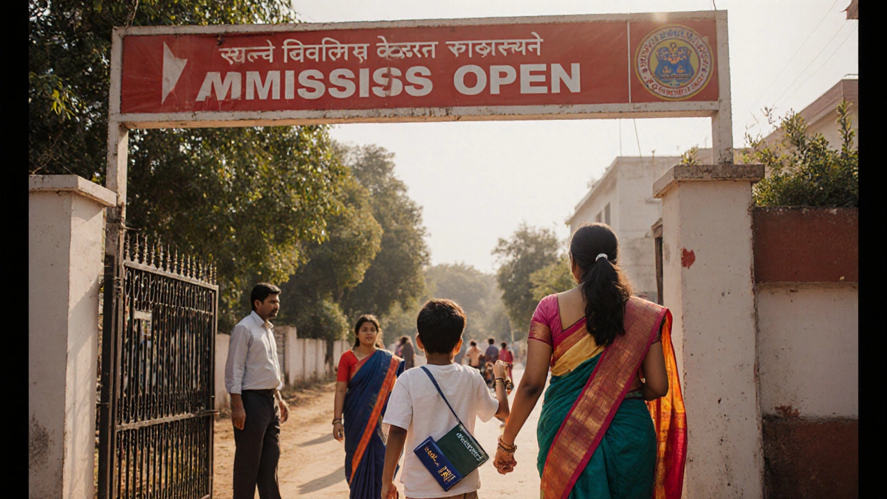 Woman with child entering a school in Pune, OCI card in purse, blending into Indian community life.