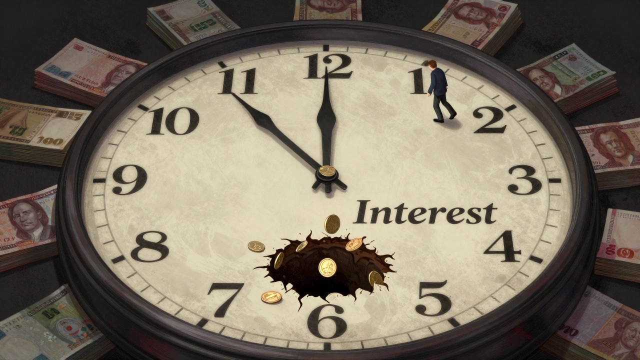 A clock made of banknotes with a person dropping coins into a pit labeled 'Interest'.