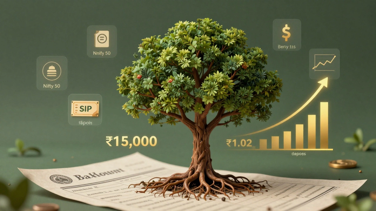 A tree growing from monthly investments into a ₹1 crore corpus with financial icons.