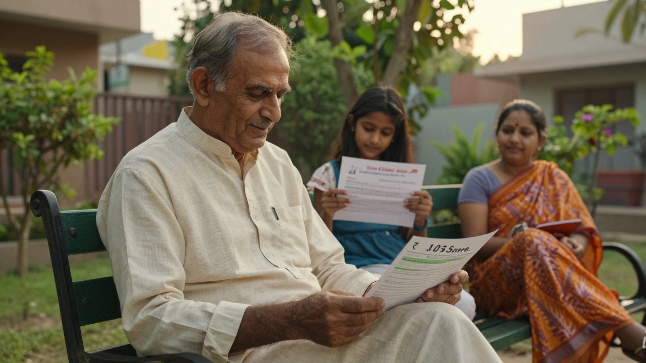 An elderly man smiling at his investment statement while family enjoys a peaceful garden.