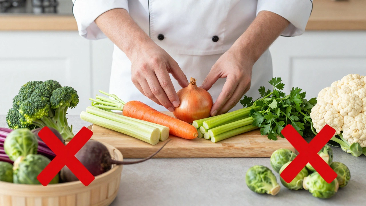 Chef's hand placing safe vegetables like onions and carrots on a board, while unwanted veggies lie discarded.