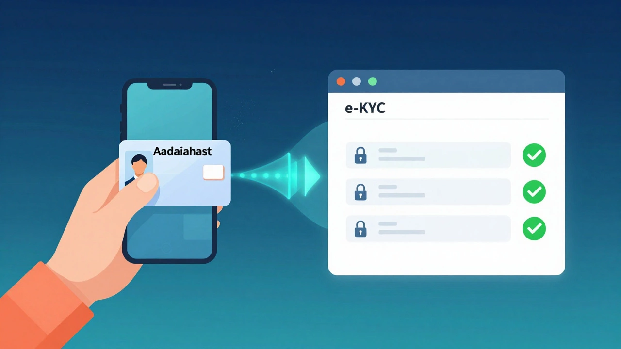 Digital e-KYC process showing Aadhaar card verification and secure government database matching.