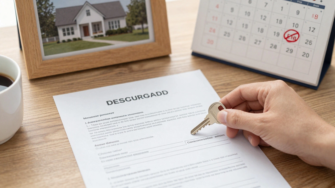Final home loan payment with key and discharged mortgage document on table