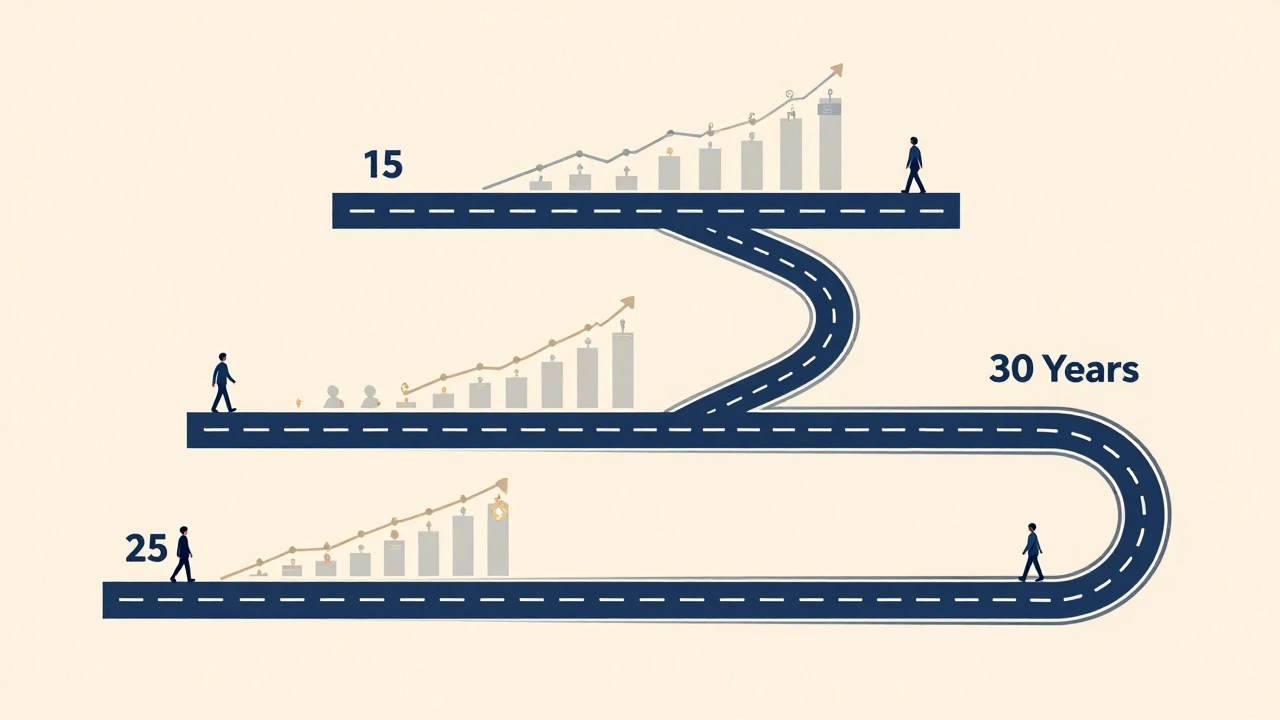 Four loan term paths showing monthly payments and interest costs over time