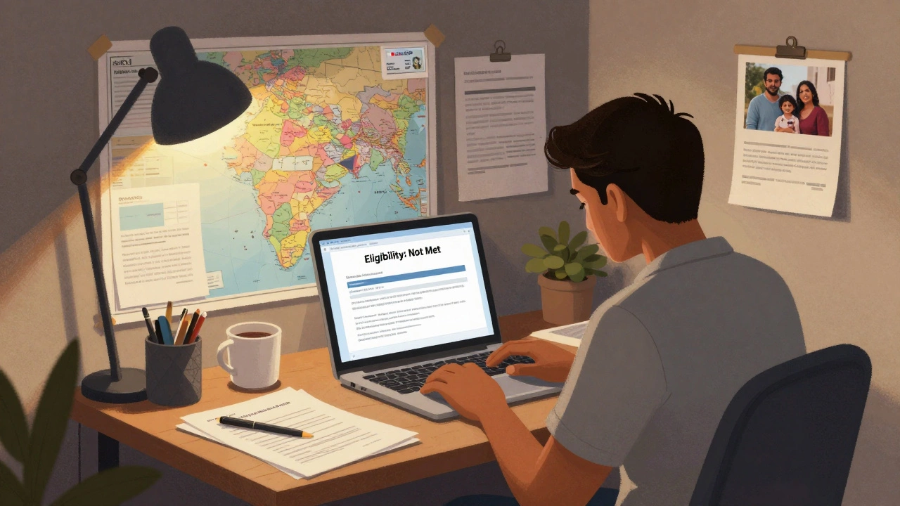 OCI cardholder at home desk overwhelmed by loan rejection paperwork and business plans.