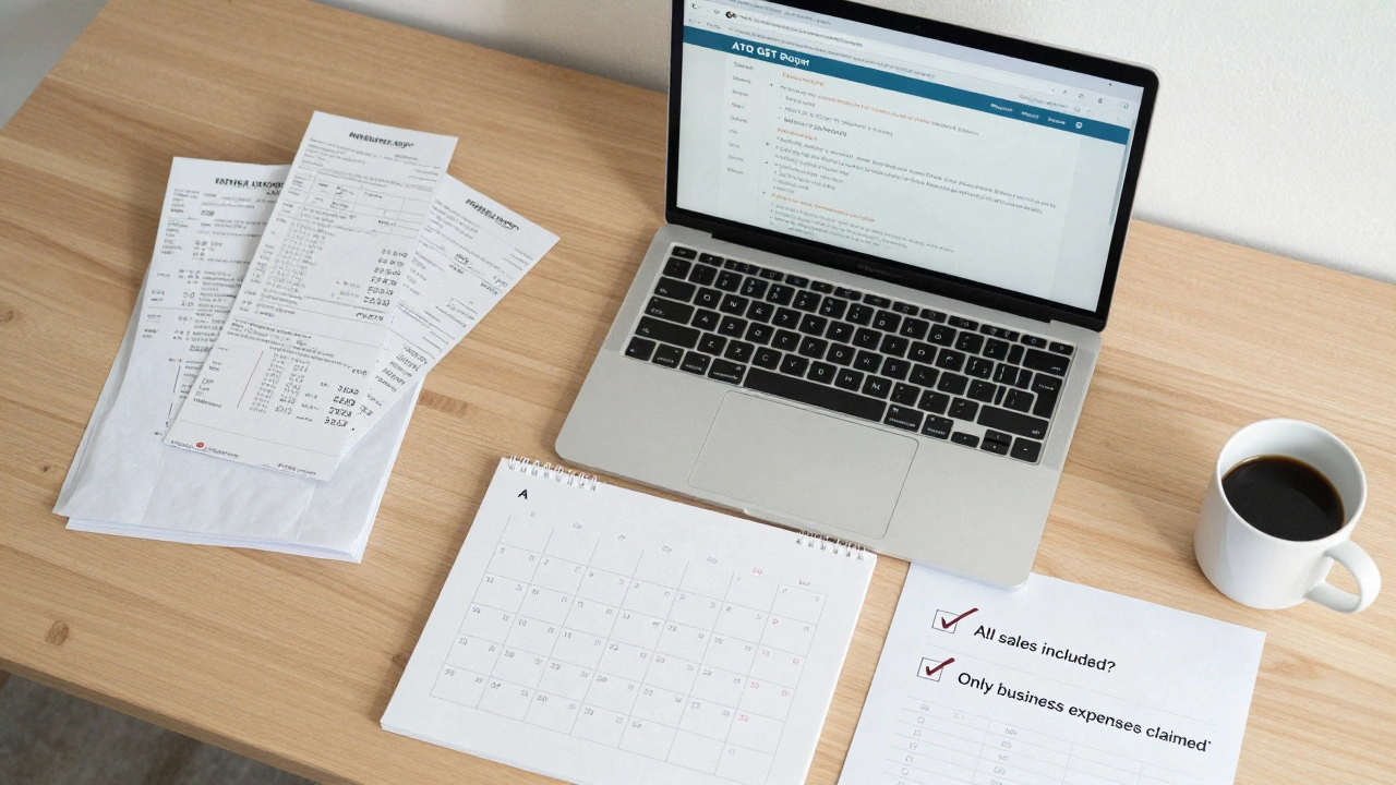 Overhead view of GST filing checklist, calendar, and receipts on wooden desk.