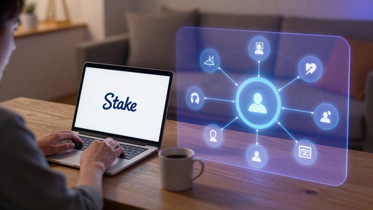 Person clicking stake button on laptop while blockchain network activates in overlay.