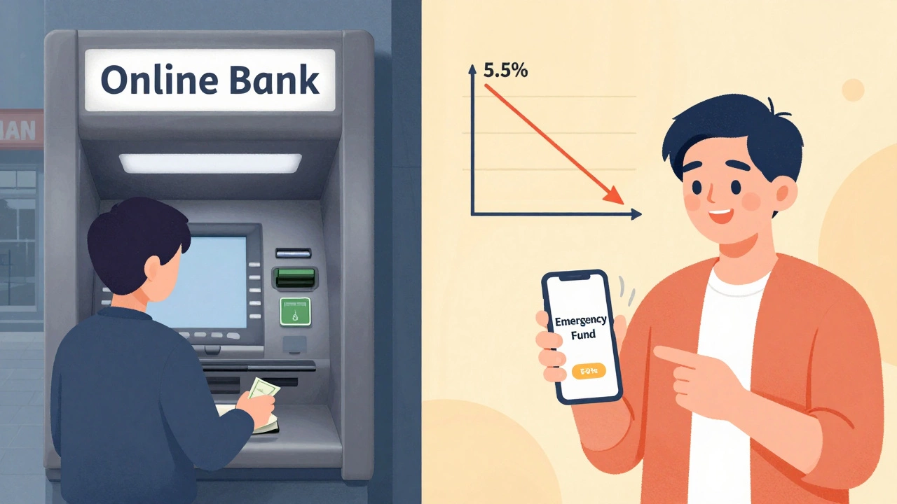 Person comparing online bank ATM with secure savings transfer on phone