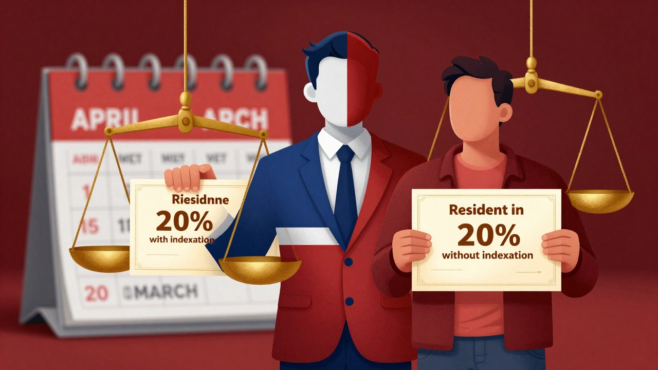 Split figure showing NRI vs Resident tax treatment on mutual fund gains.