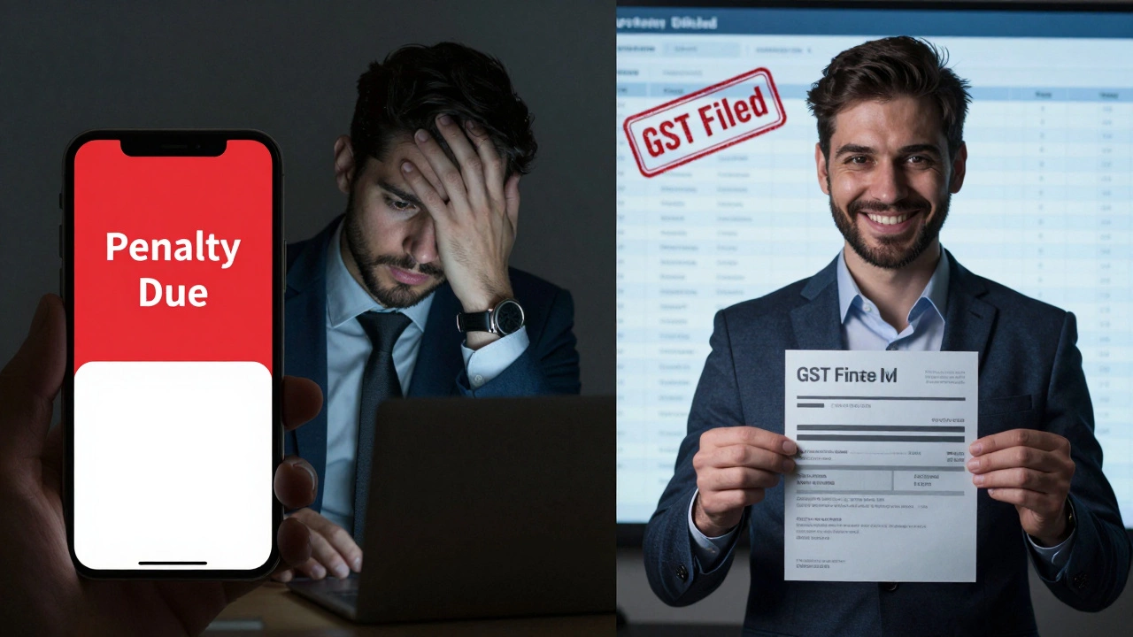 Split image: stressed person with penalty alert vs. smiling with refund notification.