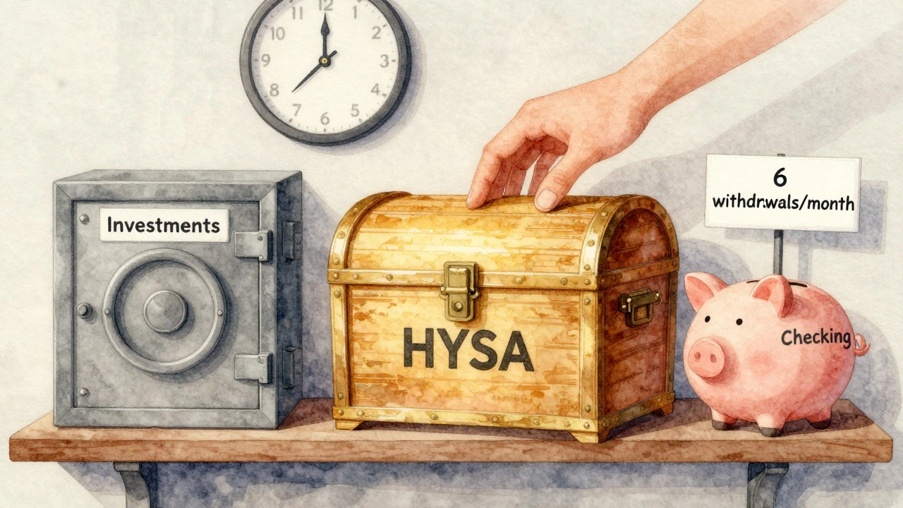 Treasure chest labeled HYSA next to investments vault and checking piggy bank