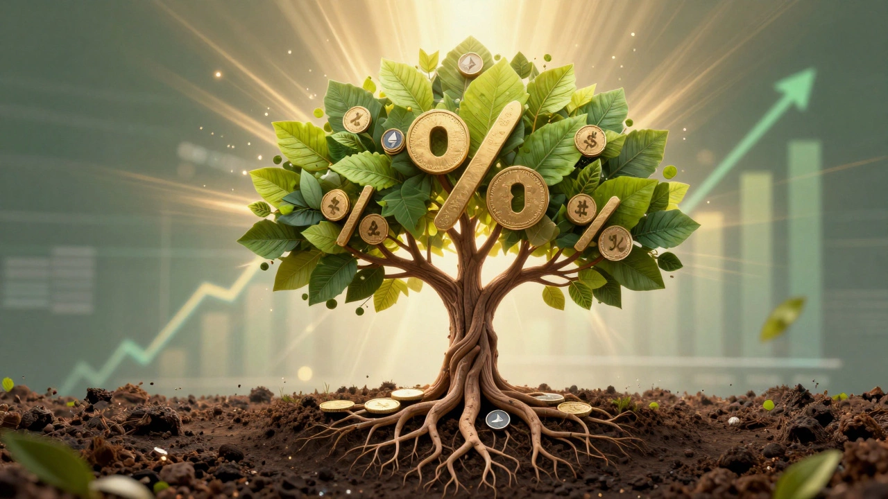 Tree with crypto coin roots and reward-shaped leaves growing under golden light.