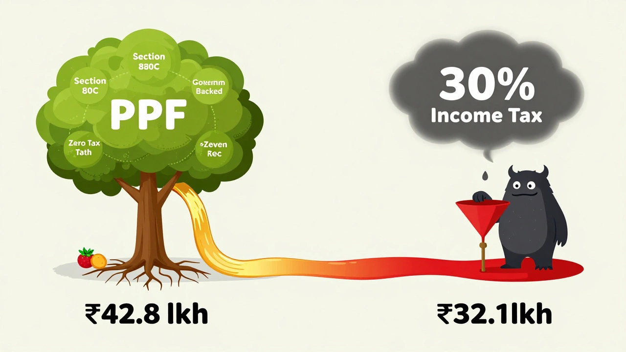 Visual comparison of ₹1.5 lakh annual investment over 15 years in PPF vs FD with tax impact.