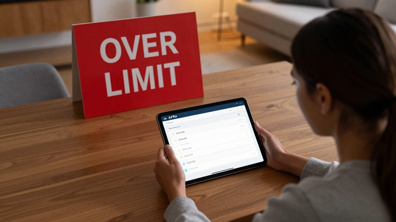 A couple reviewing a digital dashboard showing five bank accounts, all under the 0,000 safety limit.