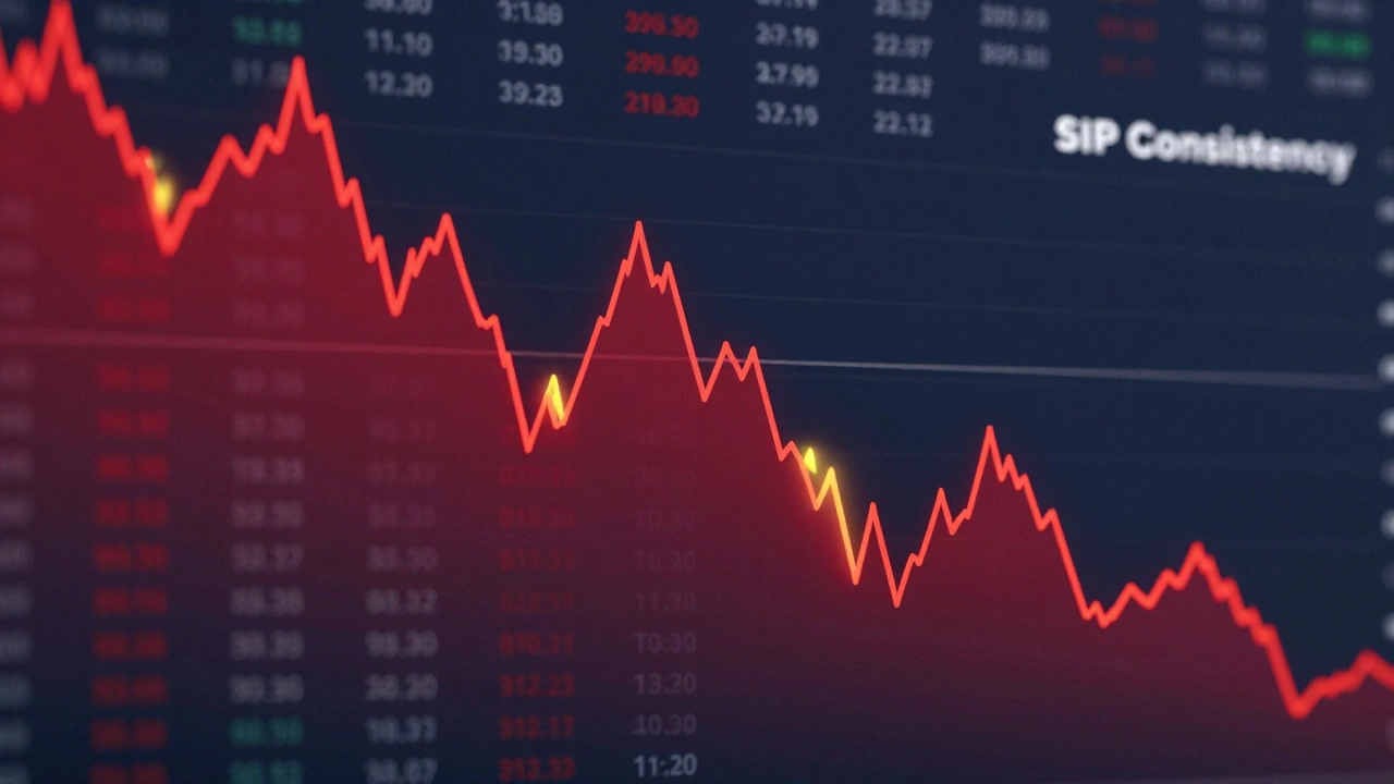 A volatile stock graph with sharp spikes and crashes beside a calm line representing consistent investing.