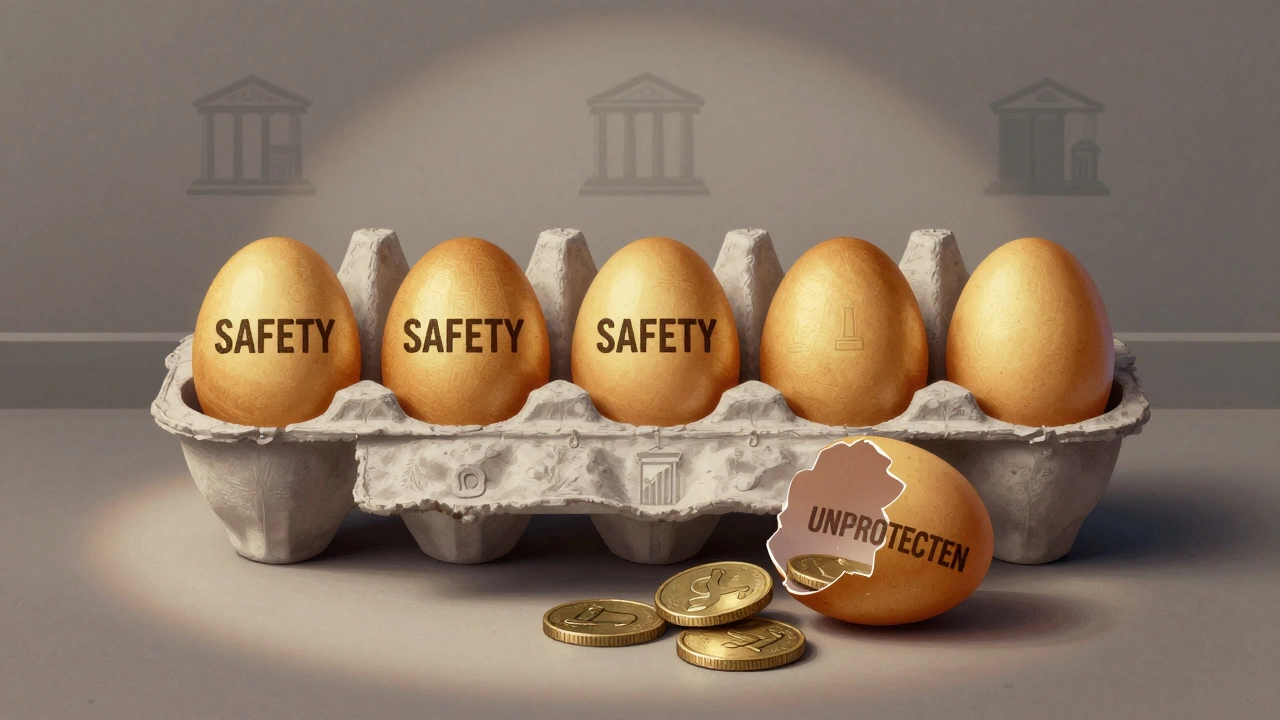 An egg carton with five intact golden eggs labeled 'SAFETY', while one cracked egg spills coins.