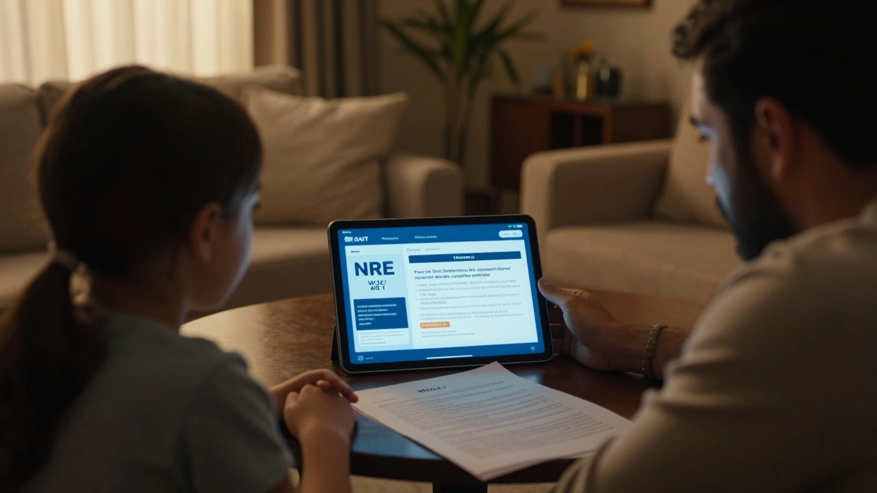 Family in Dubai viewing frozen NRE account on tablet with inheritance papers