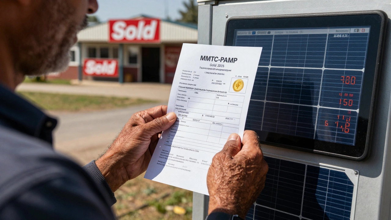 Farmer holding gold loan receipt next to a digital screen showing live gold prices.