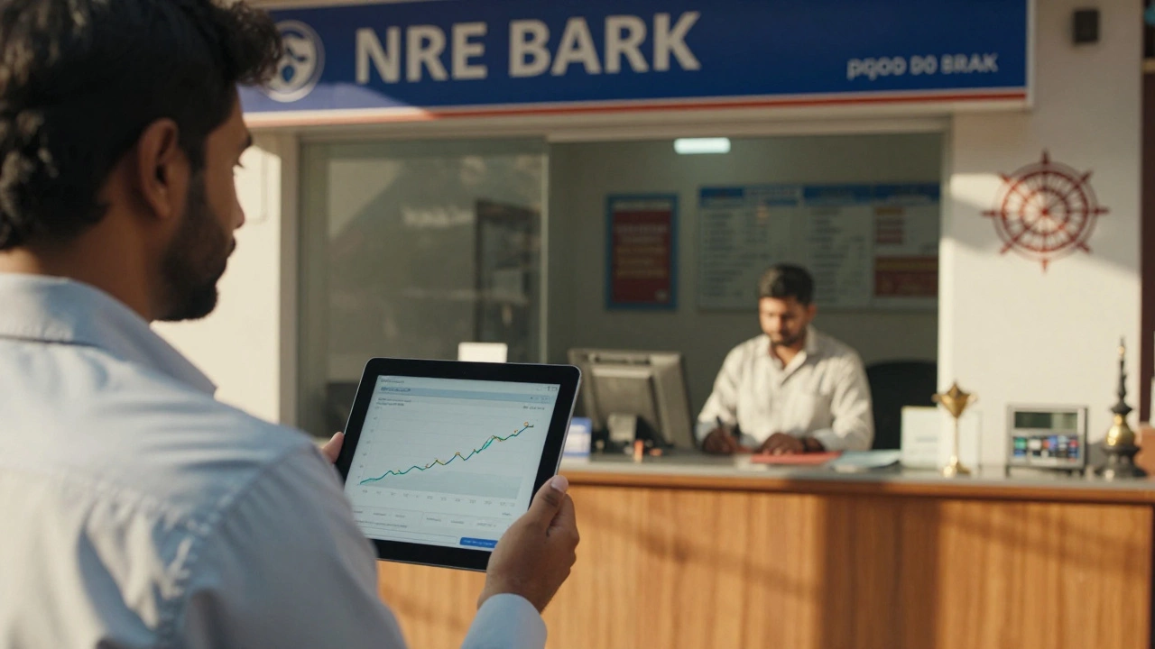 NRI professional comparing mutual fund growth on tablet beside an Indian bank with NRE account counter.