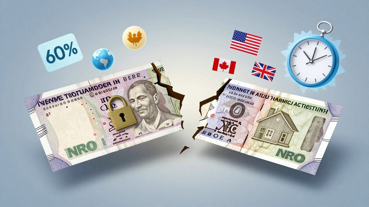 Rupee note splitting into NRE and NRO paths with global icons and exchange rates