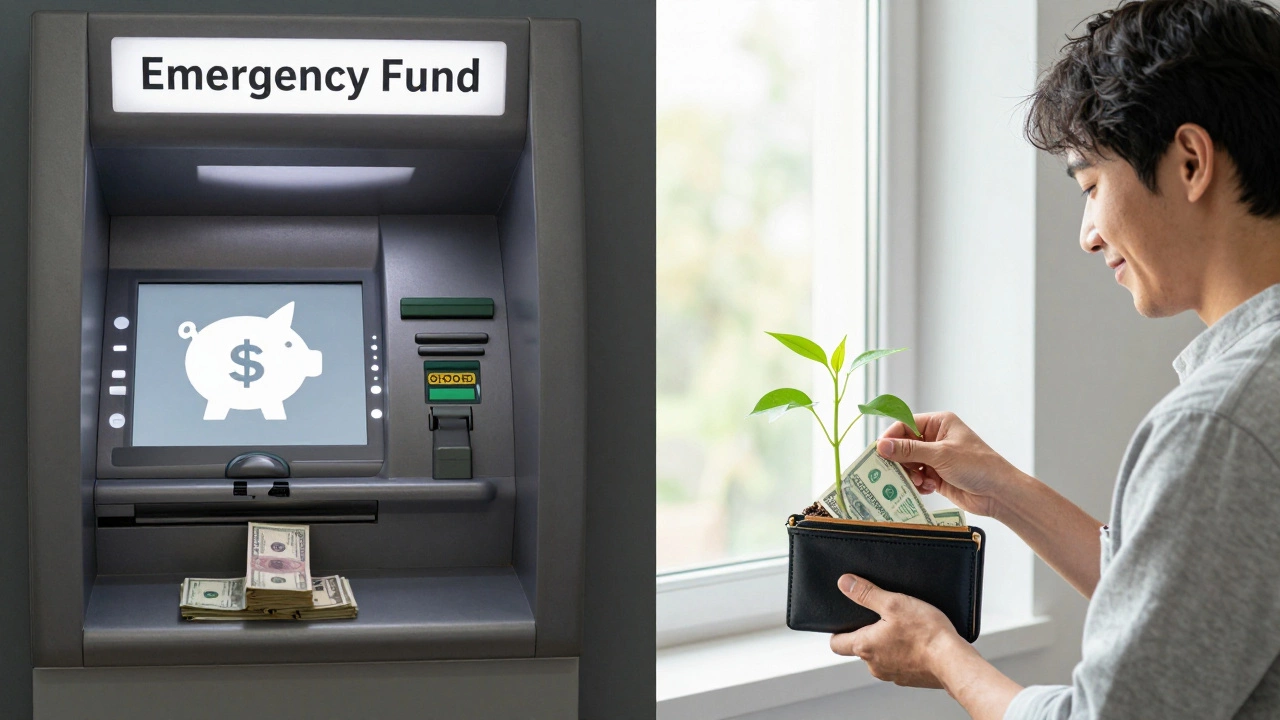 Split image: person using emergency fund vs. receiving dividends for long-term security