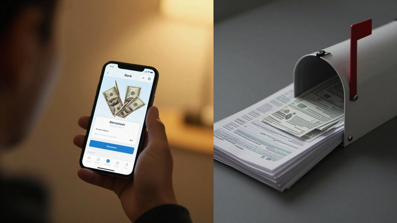 Split scene: digital bank deposit on phone vs. stacked paper tax returns in mailbox, contrasting light and shadow.