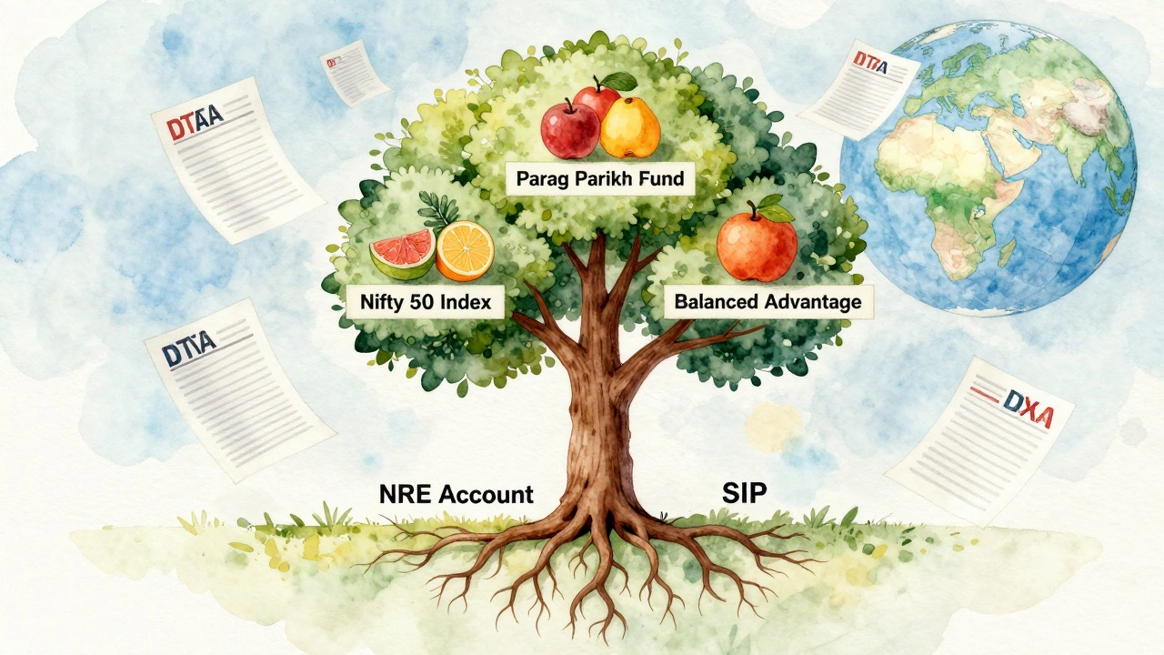 Symbolic tree with mutual fund names as fruits, rooted in NRE account and SIP, surrounded by tax and global symbols.