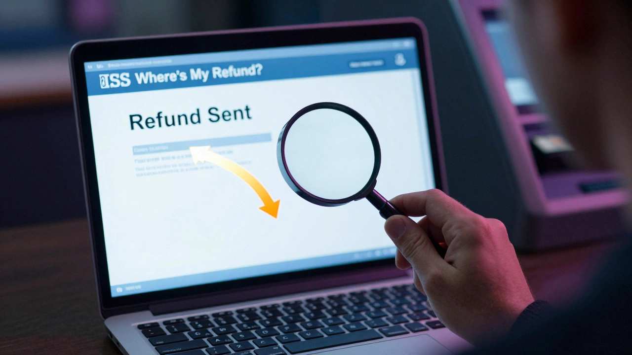 Taxpayer checking IRS refund status on screen with glowing path leading to ATM, night setting with soft neon glow.