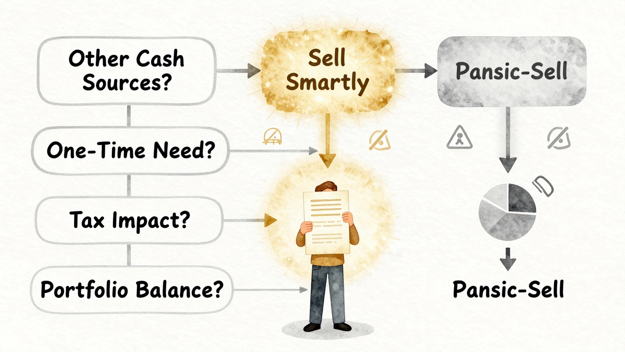 Watercolor financial decision tree showing options for selling stocks wisely