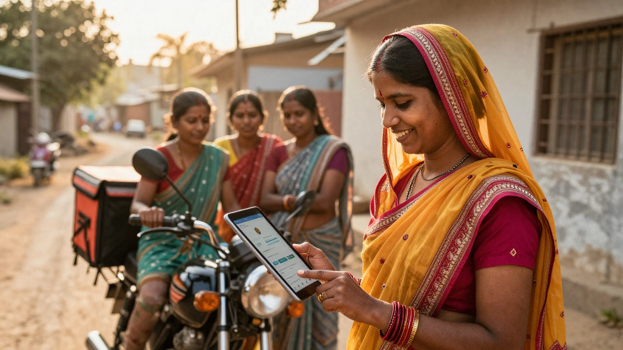A rural woman in Madhya Pradesh uses a tablet to place an order, smiling as a delivery arrives outside her home.
