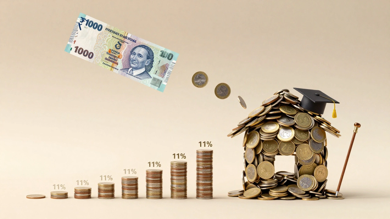 A single ₹1000 note transforms into a pile of money forming symbols of freedom — house, cap, cane — over 20 years.