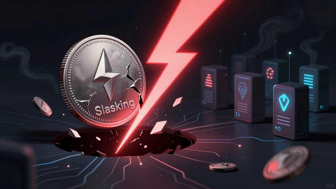 A staked cryptocurrency coin cracking under a red lightning bolt, with fragments falling into a dark void.