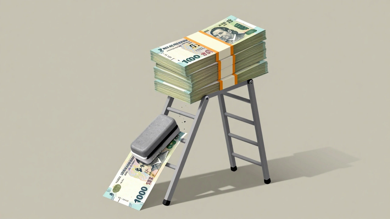 A time-ladder showing ₹100,000 growing to ₹3.27 million, with inflation eroding lower values.