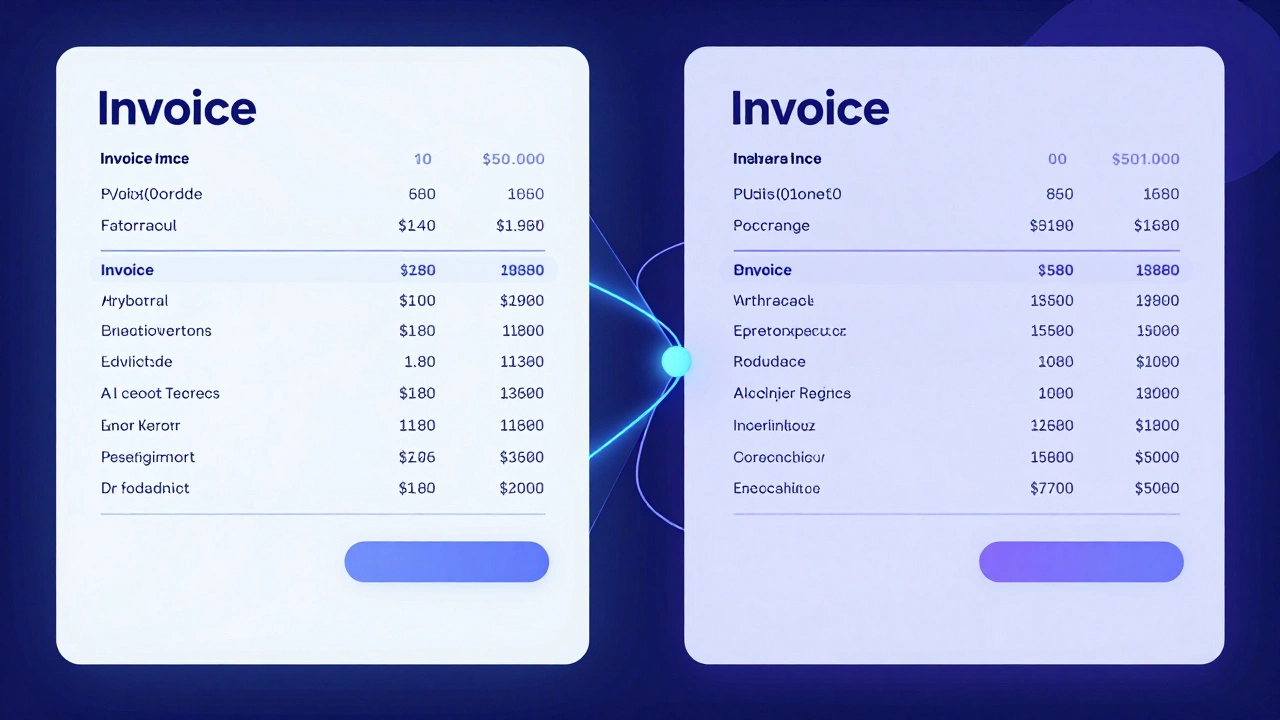 Abstract digital connection between buyer and seller invoice data.