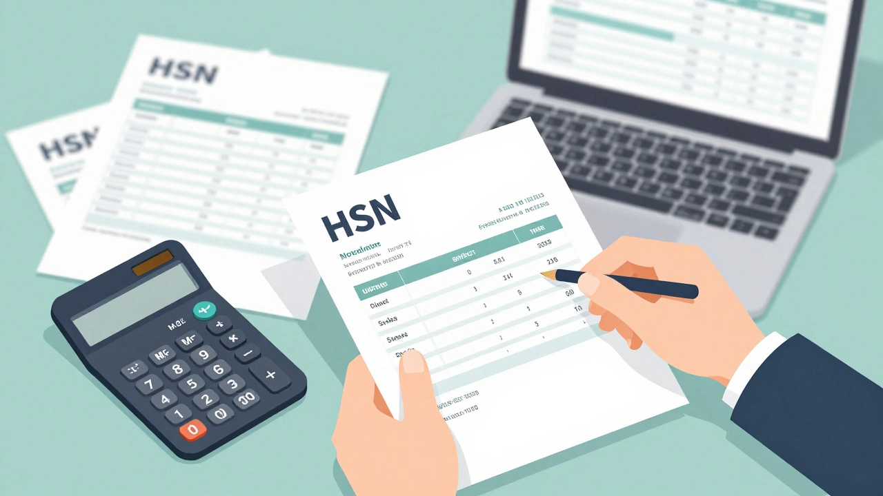 Businessperson reviewing sales invoices and calculator during GST filing.