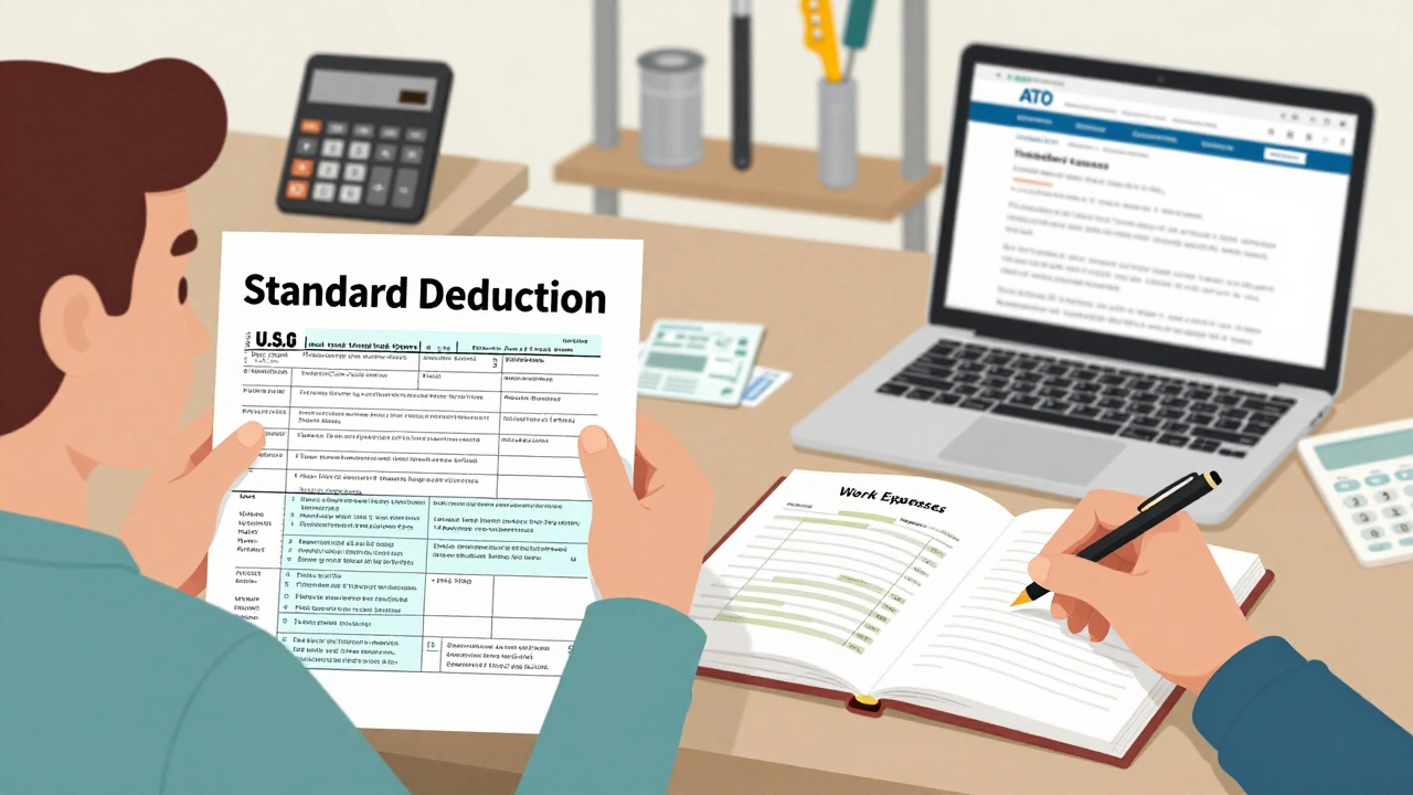 Contrasting images of U.S. standard deduction form versus Australian taxpayer organizing receipts and logs.