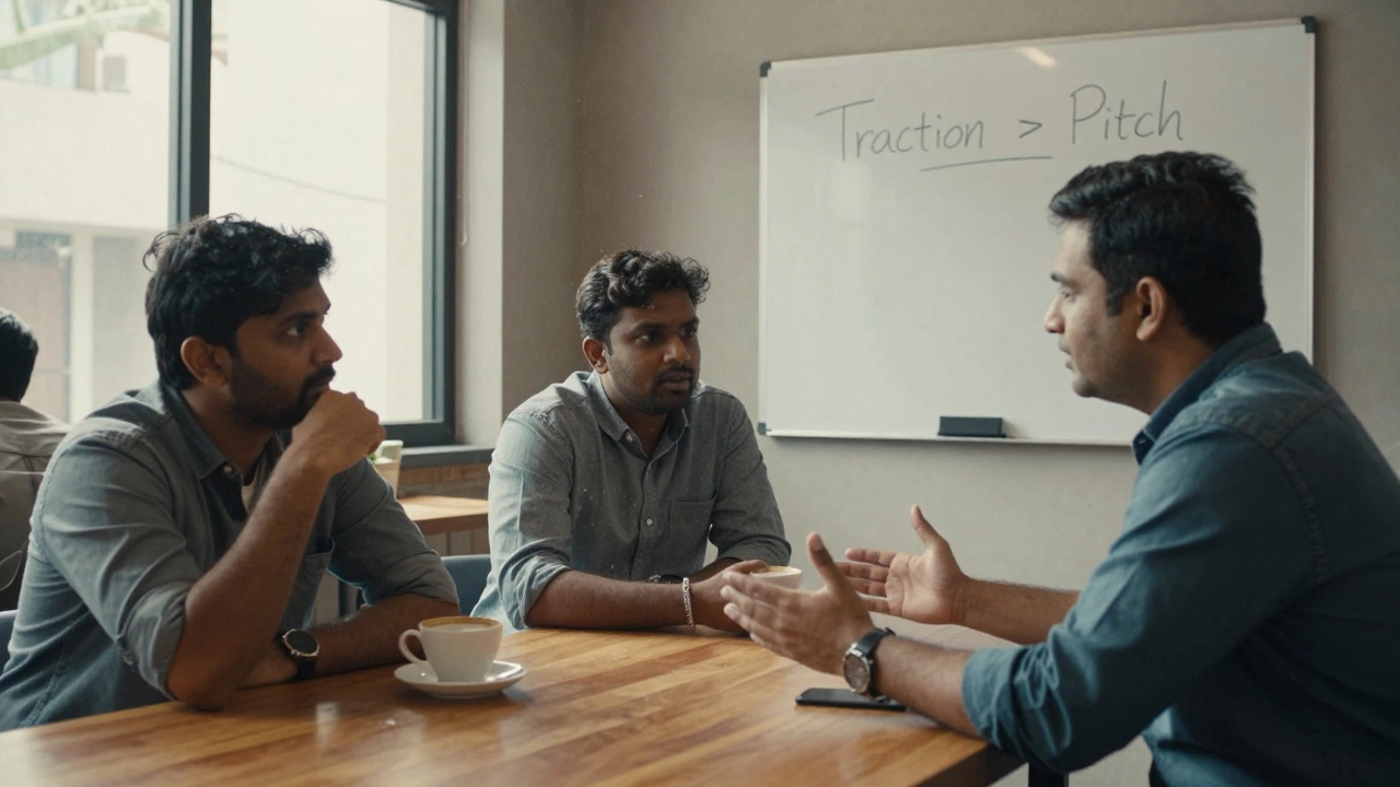 Three Indian startup founders listen intently to an angel investor in a co-working space, sharing chai and ideas.