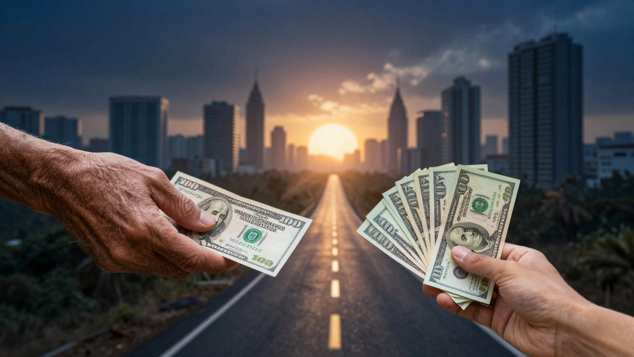 Two hands reaching toward a path of compound growth, one holding a lump sum, the other monthly SIP payments.