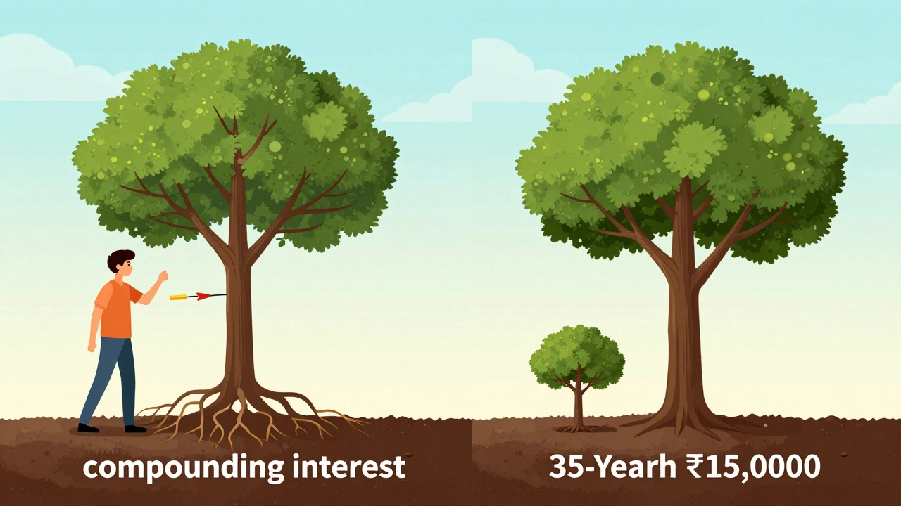 Two timelines compare early vs late investing: one shows a large tree of compounding growth, the other a small one.