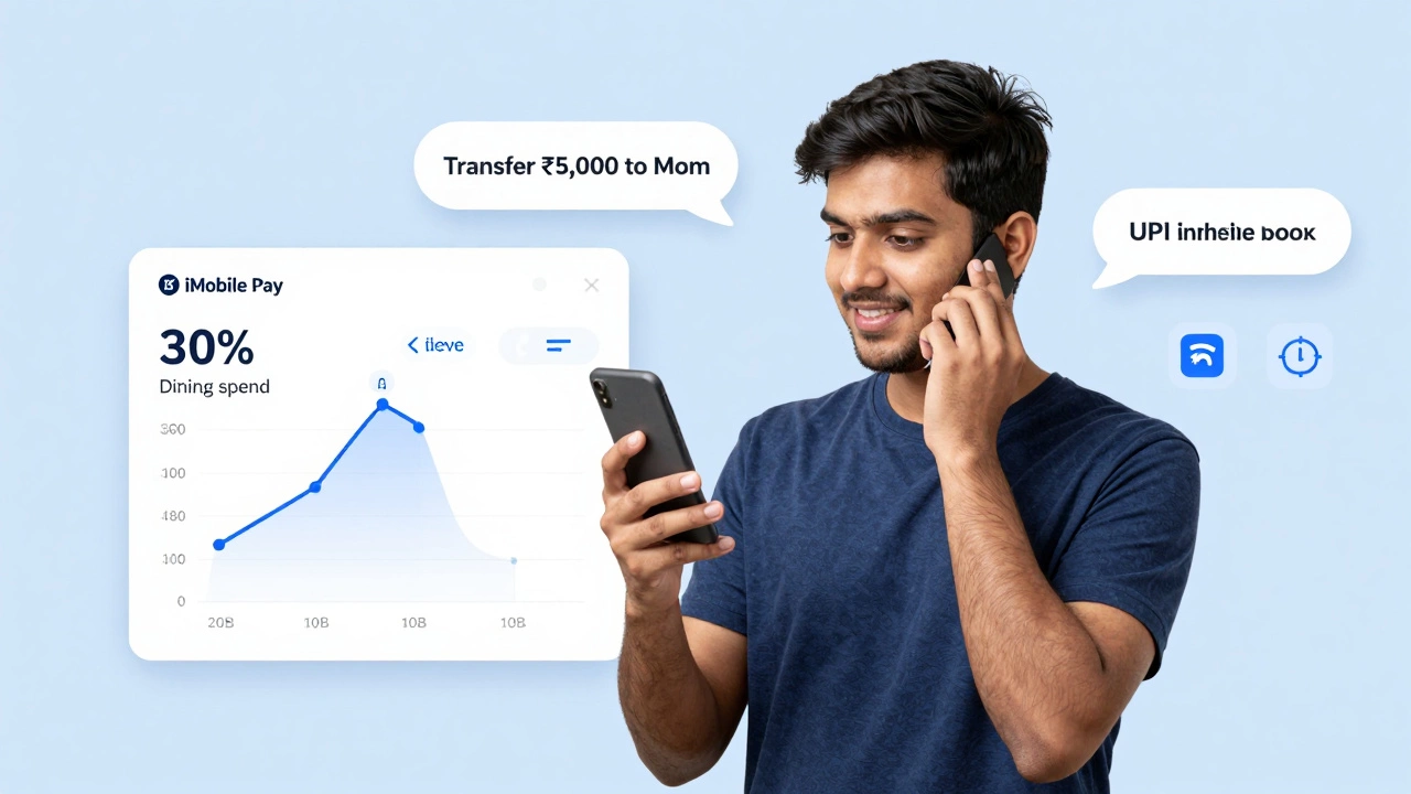 Young person using voice command to transfer money via ICICI Bank app with AI budget insight.
