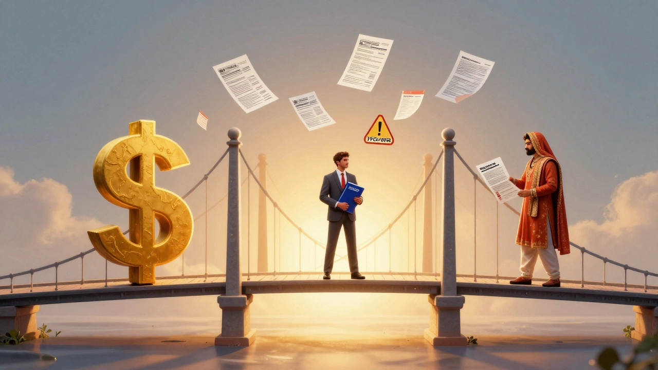 A symbolic bridge connecting U.S. and Indian financial systems with tax documents floating above.