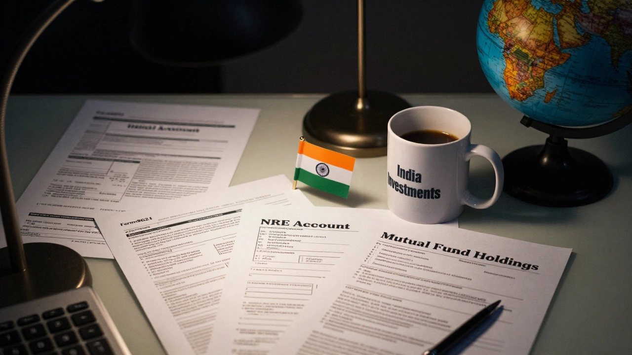 A tax advisor's desk with documents related to U.S. and Indian mutual fund investments.