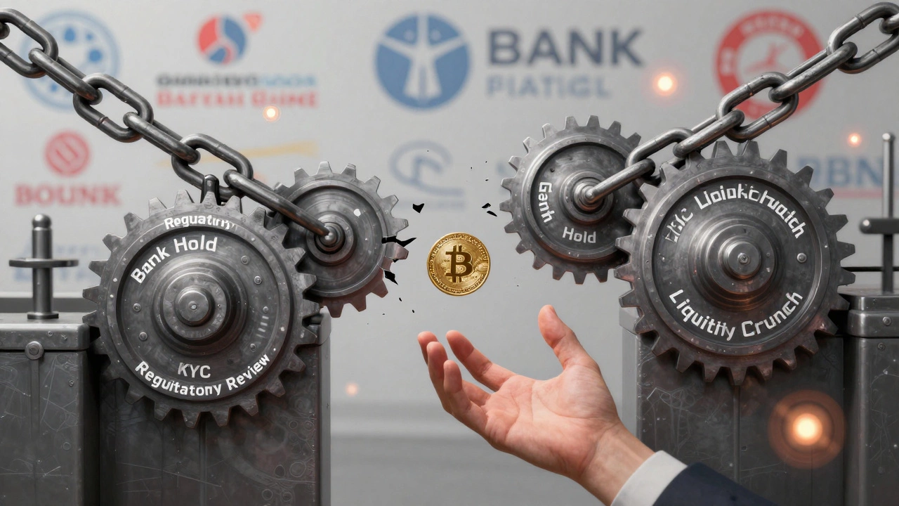 Abstract chain of locks and gears labeled with crypto withdrawal barriers, one link broken as coin falls through.