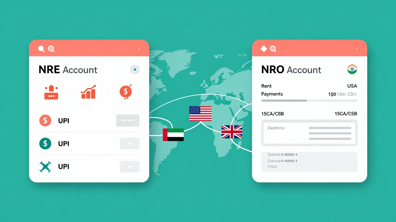 Digital split-screen comparing NRE and NRO account features with global connections.