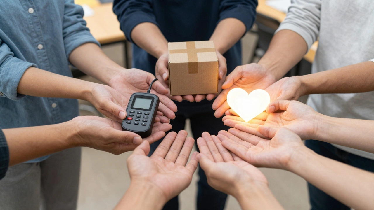 Diverse hands exchanging prototypes and heart symbols in a workspace.