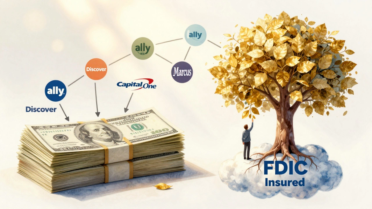 Dollar bills turning into a golden tree rooted in a cloud labeled 'FDIC Insured'.