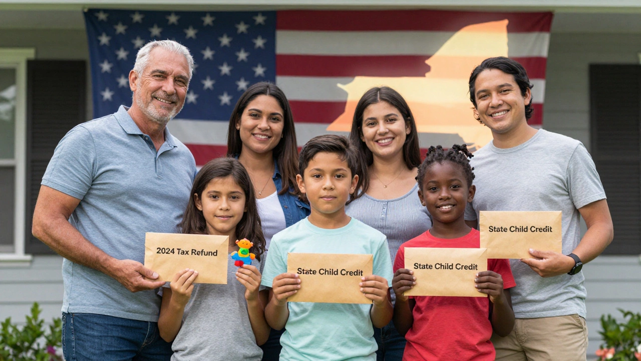 Family holding refund envelopes with subtle state credit indicators in background