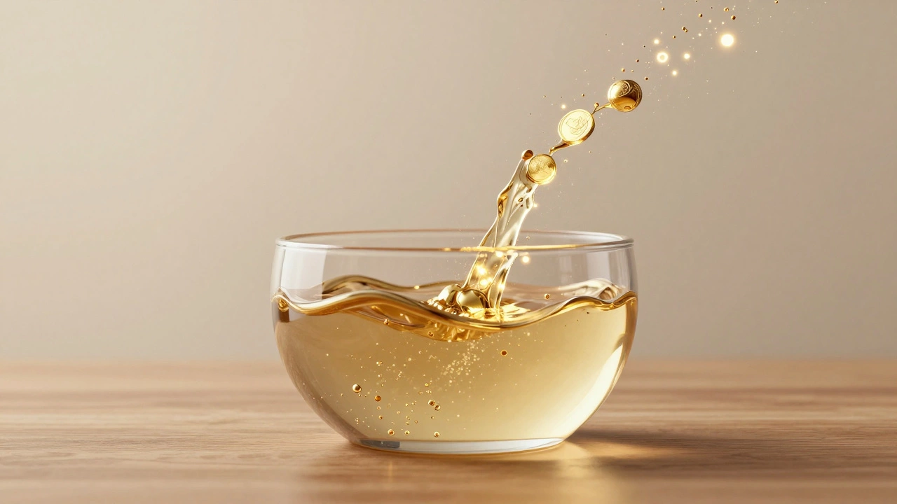 Glowing particles turning into liquid gold filling a glass vessel